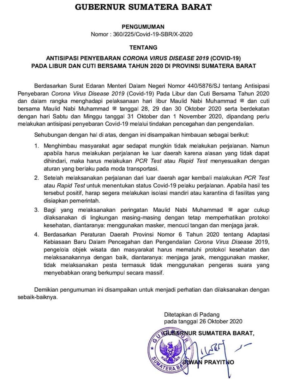Surat Edaran Gubernur Sumatera Barat, tentang pencegahan Covid 19 di saat libur panjang peringatan Maulid Nabi Muhammad SAW, Senin (26/10/2020).